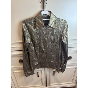 Luisa Cerano Metallic Gold Button Front Blouse Size 4 Crinkle Cotton‎ Wool Work